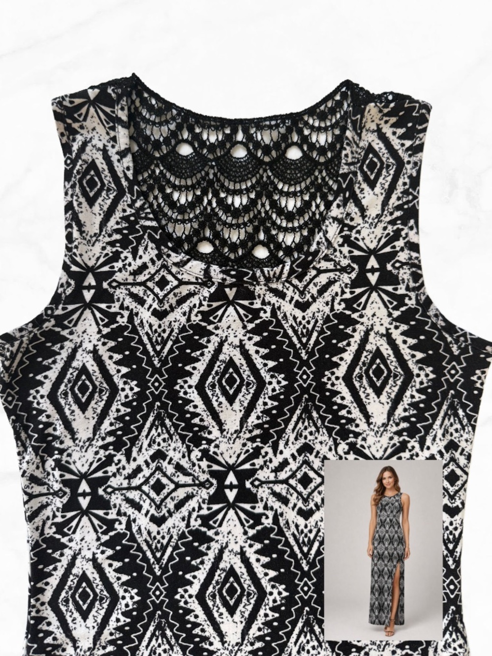 Y2K Boho Bodycon Maxi Dress | Black White Tribal Print | Lace Back | Small